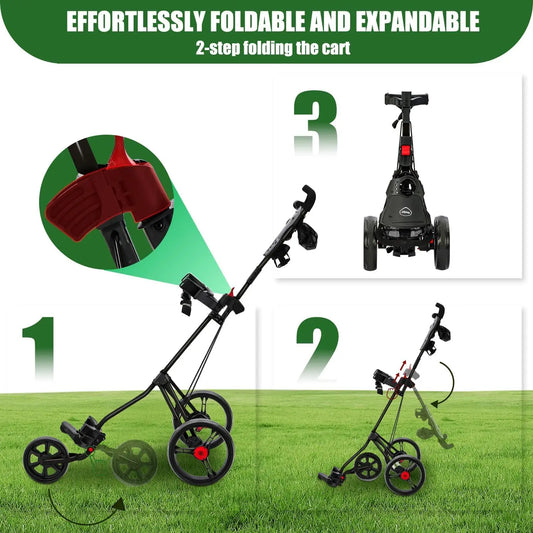 3-Wheel Golf Push Cart – Lightweight Foldable Cart with Adjustable Handle, Cup Holder & Brake