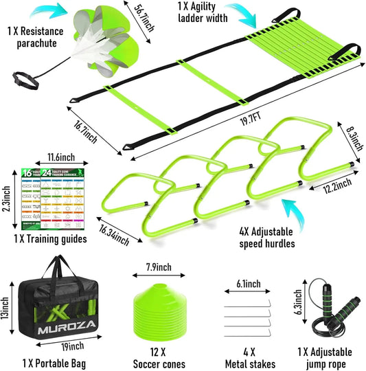 20ft Agility Speed Ladder Set with Cones, Hurdles, Jump Rope & Running Parachute