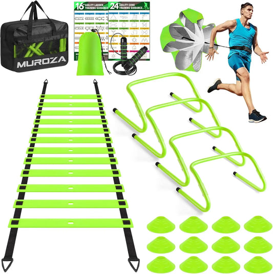 20ft Agility Speed Ladder Set with Cones, Hurdles, Jump Rope & Running Parachute