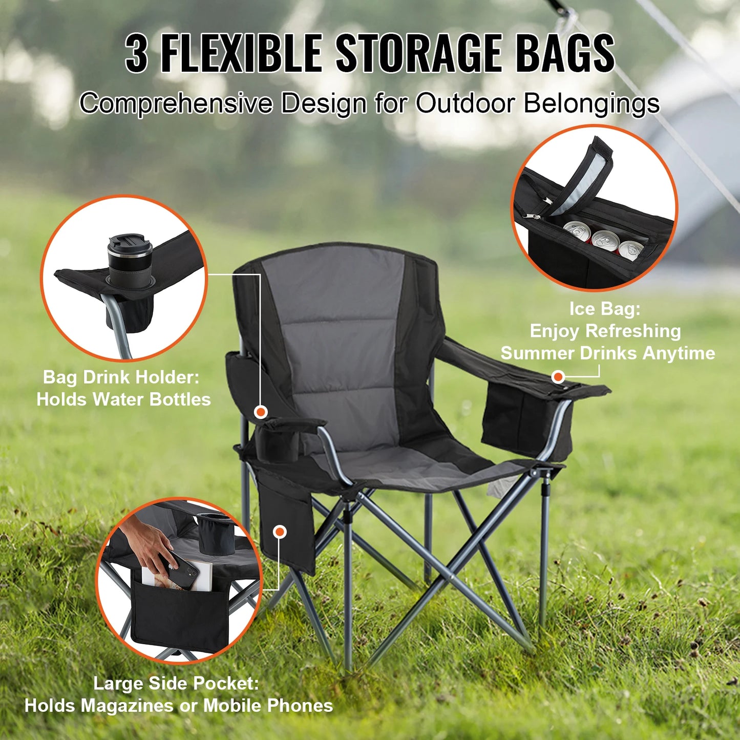 Camping Folding Chair – Heavy-Duty Portable Outdoor Chair with Lumbar Support & Storage Pockets