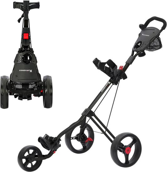 3-Wheel Golf Push Cart – Lightweight Foldable Cart with Adjustable Handle, Cup Holder & Brake