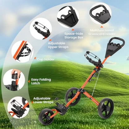 3-Wheel Golf Push Cart – Foldable Golf Cart with Cup Holder, Brake & Storage