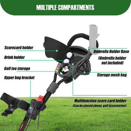 3-Wheel Golf Push Cart – Lightweight Foldable Cart with Adjustable Handle, Cup Holder & Brake