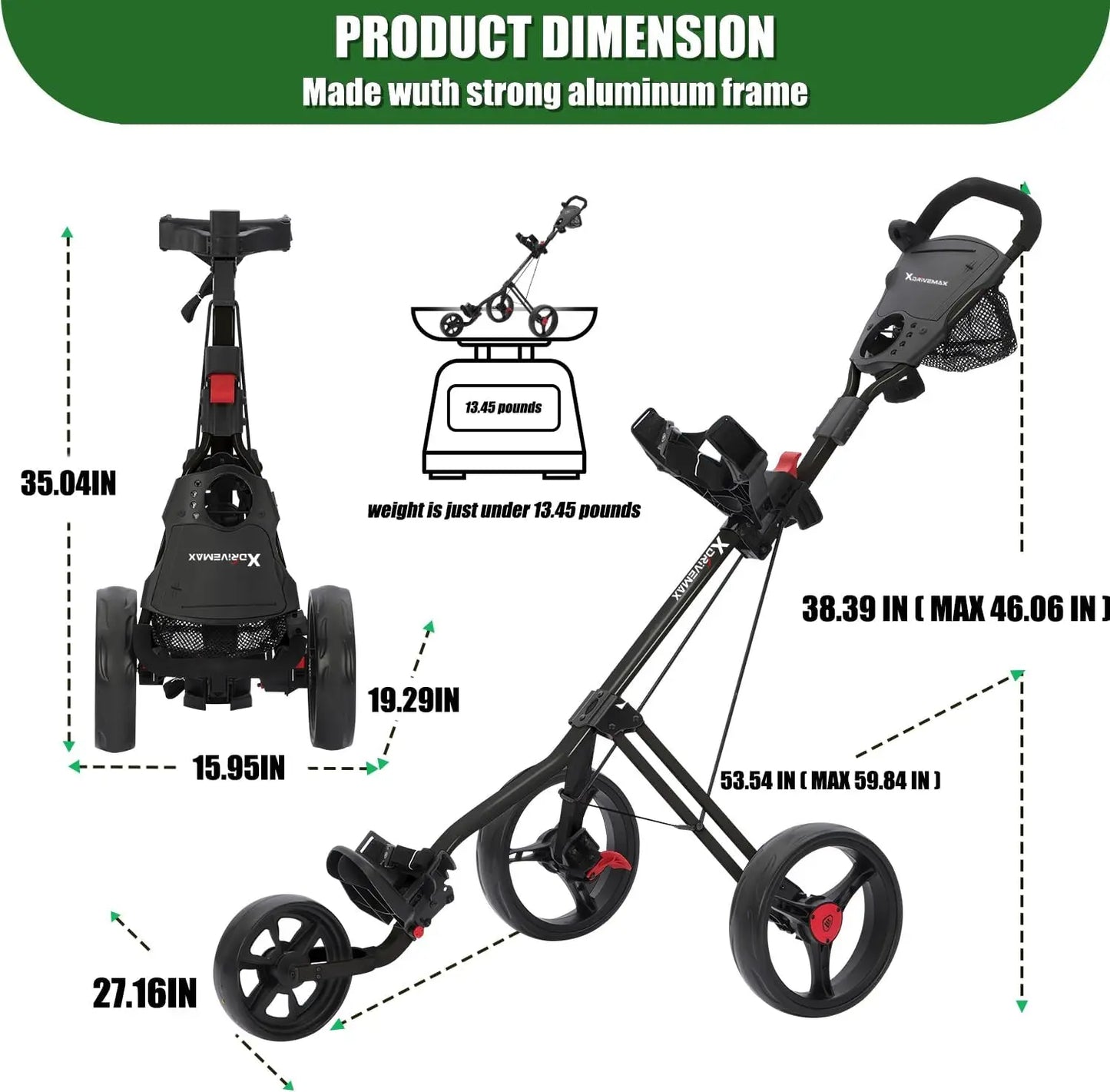 3-Wheel Golf Push Cart – Lightweight Foldable Cart with Adjustable Handle, Cup Holder & Brake