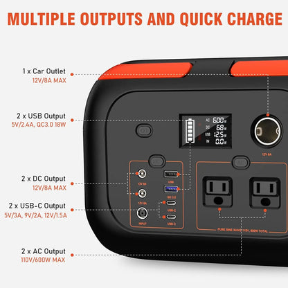 Portable Power Station (120W–600W) – Solar Generator Backup Battery for Camping & Emergency Use