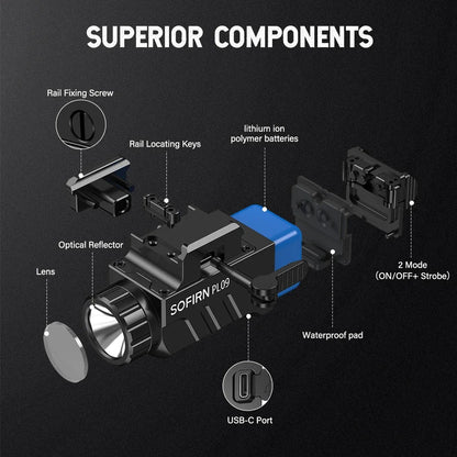 Tactical Pistol LED Rechargeable Lightweight Flashlight