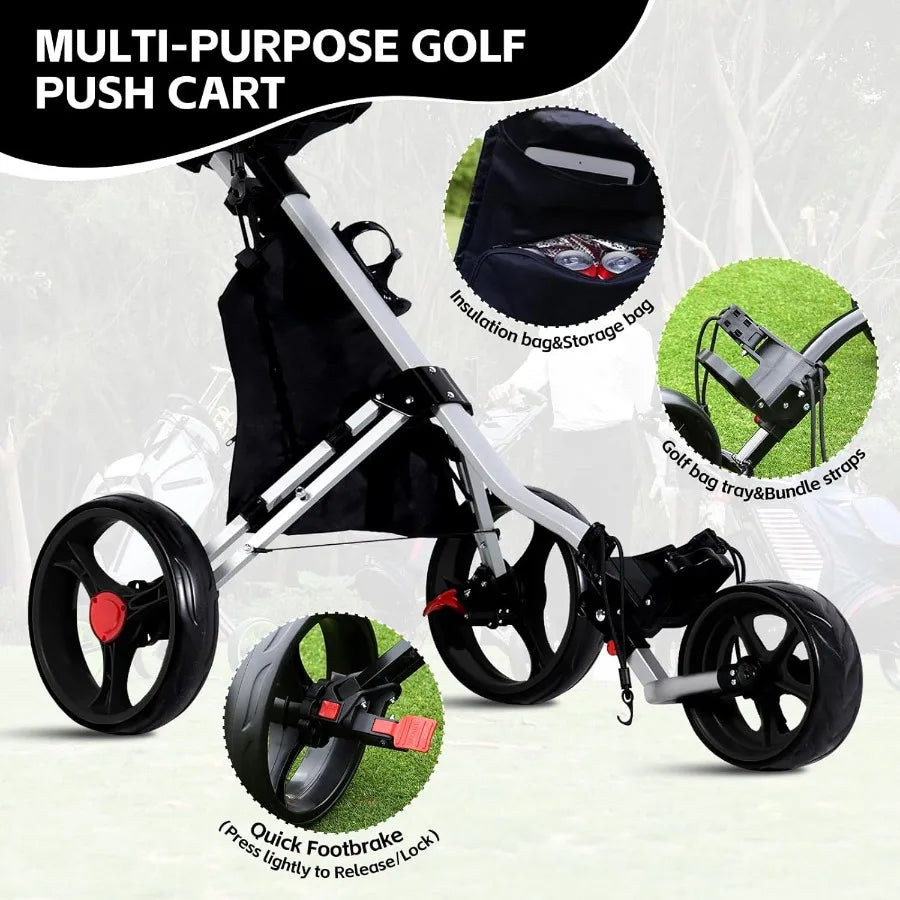 Adjustable 3-Wheel Golf Push Cart – Lightweight Folding Golf Trolley with Ergonomic Handle