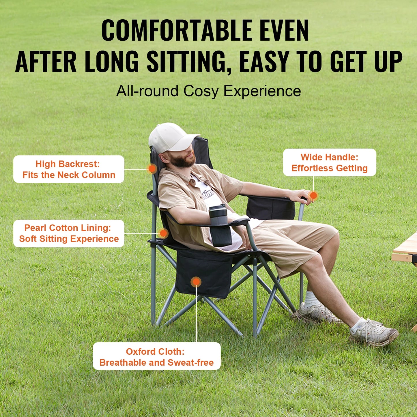 Camping Folding Chair – Heavy-Duty Portable Outdoor Chair with Lumbar Support & Storage Pockets