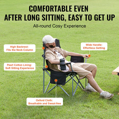 Camping Folding Chair – Heavy-Duty Portable Outdoor Chair with Lumbar Support & Storage Pockets